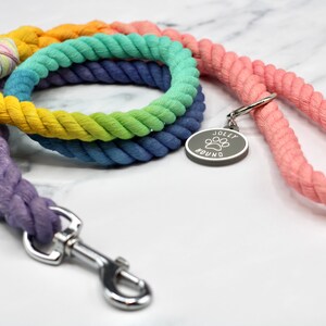 May include: A rainbow colored cotton rope dog leash with a silver clip and a silver tag that says "Jolly Hound".