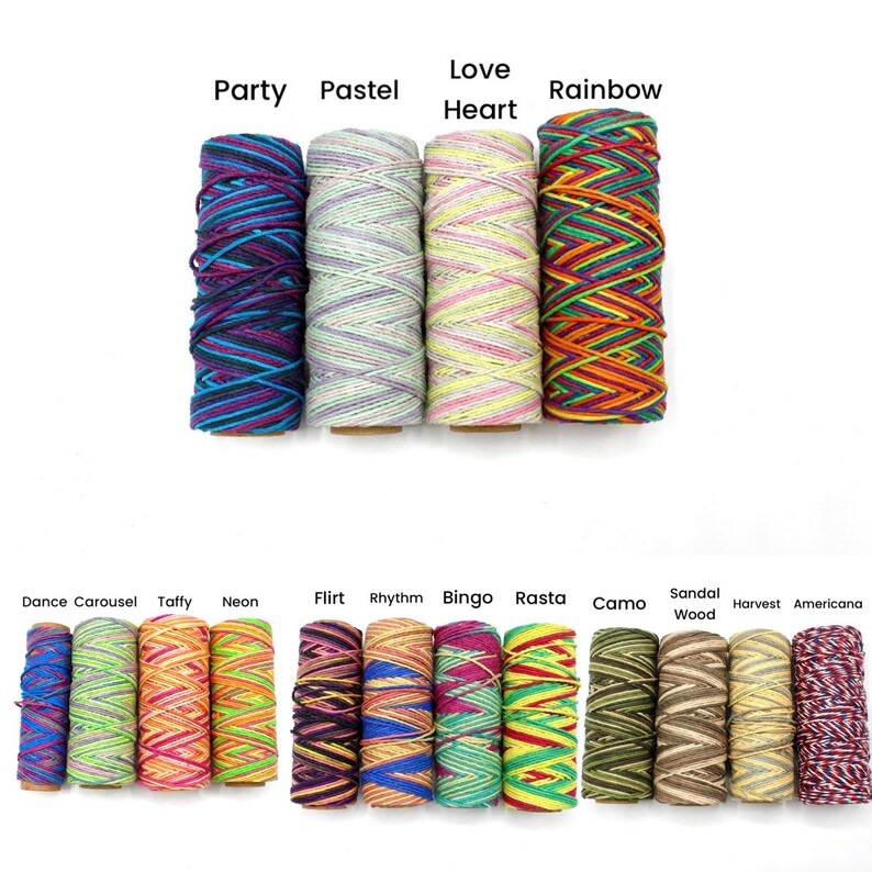 May include: Assortment of colorful striped twine spools, labeled with names like "Party", "Pastel", "Love Heart", "Rainbow", "Dance Carousel", "Taffy", "Neon", "Flirt", "Rhythm", "Bingo", "Rasta", "Camo", "Sandal Wood", "Harvest", and "Americana".