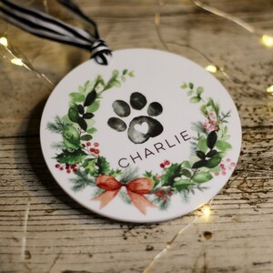 Personalised Christmas Dog bauble / Christmas Bauble / Tree Decoration / watercolour Dog ornament / Pet Memorial / Dog paw Wreath image 6