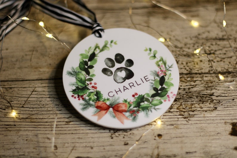 Personalised Christmas Dog bauble / Christmas Bauble / Tree Decoration / watercolour Dog ornament / Pet Memorial / Dog paw Wreath image 6