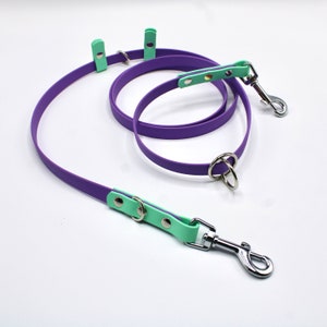 May include: A purple and mint green dog lead with two metal clips and a metal ring.
