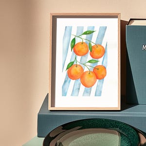 Orange Watercolour Print – Citrus Fruit Wall Art | Striped Background | A4 & A3 | 300gsm Fine Art Paper