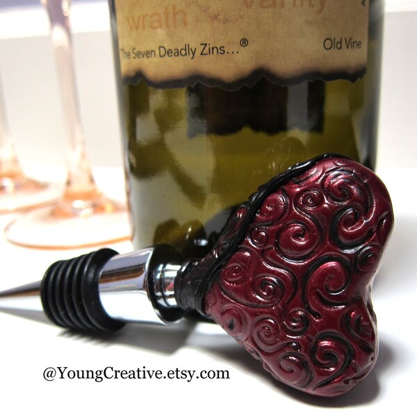 Gothic Romance Heart Wine Bottle Stopper - Red and Black Swirls