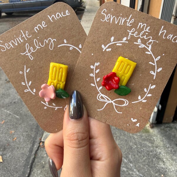 Handmade Clay Pin: Yellow Door with Flower