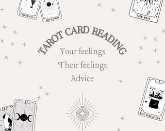 May include: A light beige graphic with tarot cards and the text "TAROT CARD READING". The cards include "Temperance", "The World", "The Sun", "The Lovers", "The High Priestess", and "The Magician". Additional text includes "Your feelings", "Their feelings", and "Advice".