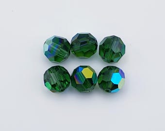 Six Pieces Vintage Swarovski Crystal Round Faceted Beads 199 (5000) - 8mm. Rare Color Turmaline AB.