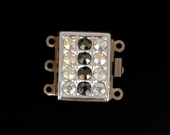 Vintage 3 Strand Jewelled Clasp for Necklace or Bracelet in Silver tone with AB Rhinestones. West Germany, Unused, New Old Stock.
