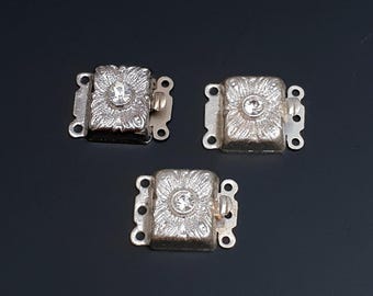 Vintage 2 to 3 Strand Jewelry Clasp for Necklace,  Bracelet, Silver tone with Clear Rhinestone. West Germany 1970s, Unused, New Old Stock