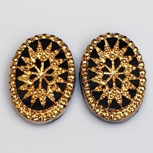 Two Rare Vintage Glass Cabochons. Oval 14×10mm. Black Jet, Intaglio, Gold Inlay, Flat Back. West Germany 1970s.