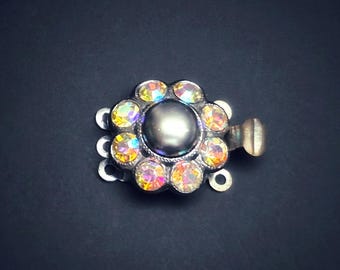 Vintage 3 Strand Jewelry Clasp for Necklace, Bracelet in Silver tone with Grey Faux Pearl and AB Rhinestones. West Germany 1970s, Unused NOS