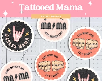 Decoraciones comestibles para cupcakes del Día de la Madre / Mamá tatuada, Mamá rockera / Decoraciones comestibles para cupcakes / Juego de 12