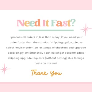 Puede incluir: Una tarjeta rosa con el texto "Need It Fast?" en colores pastel. La tarjeta tambi&eacute;n incluye el texto "I process all orders in less than a day...Thank You."