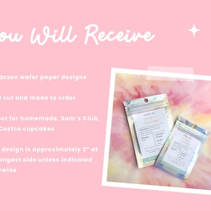 Puede incluir: Fondo rosa con texto "You Will Receive" y detalles del producto. Dos peque&ntilde;as bolsas transparentes con etiquetas est&aacute;n en una foto con borde blanco. Las bolsas contienen adornos comestibles.