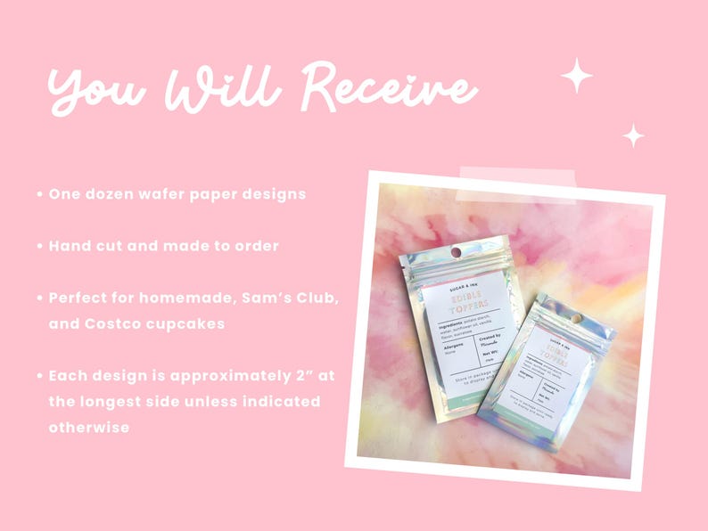 Puede incluir: Fondo rosa con texto "You Will Receive" y detalles del producto. Dos peque&ntilde;as bolsas transparentes con etiquetas est&aacute;n en una foto con borde blanco. Las bolsas contienen adornos comestibles.