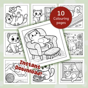 May include: A set of 10 coloring pages featuring cute cats in various poses. The pages include a cat playing with a mouse, a cat sitting in a chair, a cat sleeping on a rug, and more. The text "10 Coloring pages" is in a red circle at the top of the image. The text "Instant Download!" is in a red rectangle at the bottom of the image.