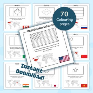 Puede incluir: Una colección de 70 páginas para colorear con banderas y datos sobre varios países. Las páginas incluyen banderas de Canadá, Brasil, Rusia, Italia, China, India, Japón, Vietnam y Estados Unidos de América. También se ve el texto "¡Descarga instantánea!"