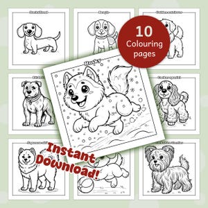 Tiawana T 10 pages Cute Dog Colouring Pages with Dog Breeds Cartoon Style | Instant Download | PDF format | Print and Color