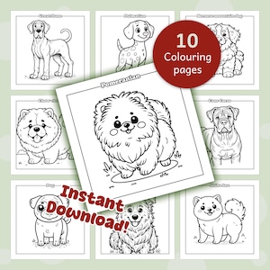 Tiawana T 10 Seiten Niedliche Hunde Malvorlagen (Teil 2) mit Hunderassen Cartoon Stil | Sofortdownload | PDF-Format | Druck und Farbe