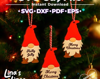 May include: Wooden Christmas gnome ornaments with red hats, tan beards, and brown feet. The ornaments have the phrases "Hally Jally" and "Merry Christmas" printed on them. The ornaments are hanging on a Christmas tree.