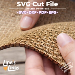 May include: A close-up of a laser-cut wooden sheet with a repeating geometric pattern. The sheet is held by a person's hands. Text at the top reads "SVG Cut File" and "Instant Download." Additional text includes "SVG DXF PDF EPS." The bottom left corner has the text "Lina's Lines."