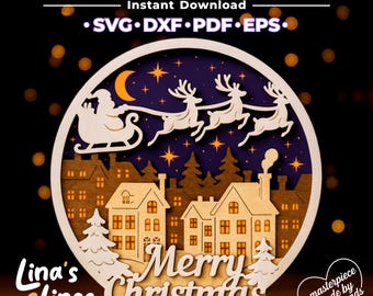 Pueblo navideño en capas SVG, archivo de corte láser de trineo de Papá Noel 3D (descarga digital)