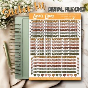 May include: Printable planner stickers with a digital file only disclaimer. The stickers feature month names in a variety of colors and fonts, including January, February, March, April, May, June, July, August, September, October, November, and December. The stickers are designed for personal use only.