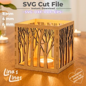 May include: A wooden candle holder with a tree design cut into the sides. The text "SVG Cut File" and "Instant Download" are at the top. The text "Lina's Lines" and "a masterpiece made by your hands" are also visible.