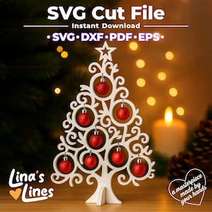 Puede incluir: Decoración de árbol de Navidad blanca cortada con láser con adornos rojos. El árbol está adornado con siete adornos rojos y una estrella en la parte superior. El texto en la imagen dice "SVG Cut File" y "Instant Download". Las palabras "Lina's Lines" también son visibles.