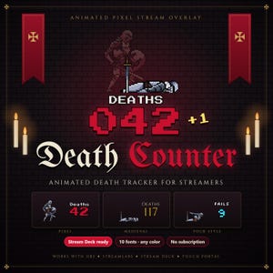 May include: An animated pixel stream overlay featuring a dark brick background, red banners with gold crosses, and glowing candles. It displays the text "DEATHS 042 +1" and "Death Counter" with pixelated knight graphics and various tracker options.