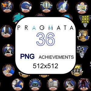 Pode incluir: Uma coleção de 36 emblemas de conquistas PNG com vários designs, incluindo robôs, planetas e elementos futuristas. Os emblemas estão dispostos em torno de um retângulo branco central com o texto "PRAGMATA 36 PNG ACHIEVEMENTS 512x512".