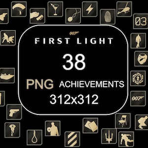 Pode incluir: Uma coleção de 38 conquistas PNG sobre um fundo preto. O texto "FIRST LIGHT" e "38 PNG ACHIEVEMENTS 312x312" estão em branco. Cada ícone de conquista dourado está dentro de um quadrado preto.