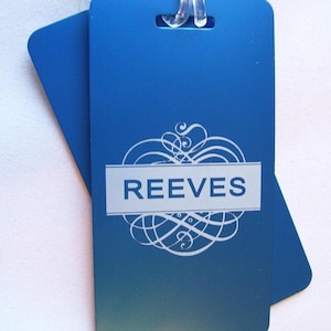 Pair of fancy aluminum laser engraved luggage tags 10 colors - 50 fonts engraved front & back