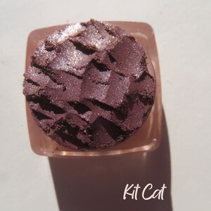 May include: A close-up of a small, round container of purple eyeshadow with a shimmery finish. The container is labeled "Kit Cat".