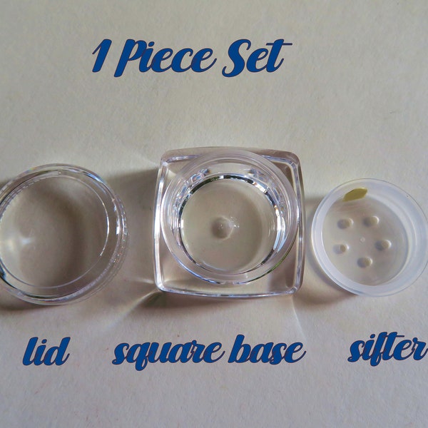 Empty 5 Gram Jars - three piece sets - 1 each lid/SQUARE base/sifter, Great for Loose Powder Mineral Eyeshadow, Jewelry Supplies, Crafts