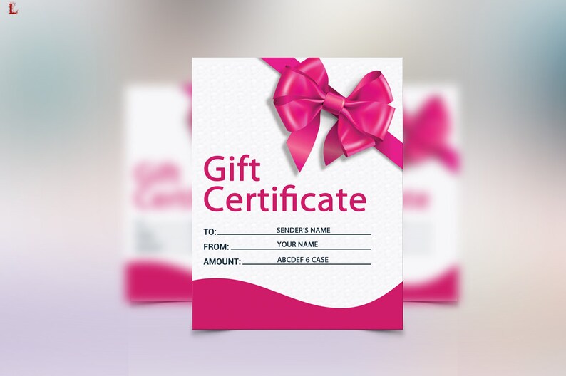 May include: A white gift certificate featuring a large, bright pink bow at the top right corner. The text reads Gift Certificate, To: SENDER'S NAME, From: YOUR NAME, and Amount: ABCDEF 6 CASE. The bottom section has a curved, solid pink border.