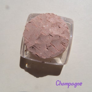 May include: A small, round container of loose, shimmery, light pink eyeshadow with the word "Champagne" written below it.