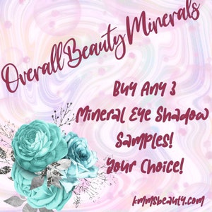 Könnte beinhalten: Werbung für Overall Beauty Minerals. Das Bild zeigt den Text „Overall Beauty Minerals“, „KAUFEN SIE 3 Mineral Eye Shadow Samples! Ihre Wahl!“ und die Website-Adresse. Der Hintergrund ist ein Wirbel aus Pastellfarben mit türkisfarbenen Rosen.