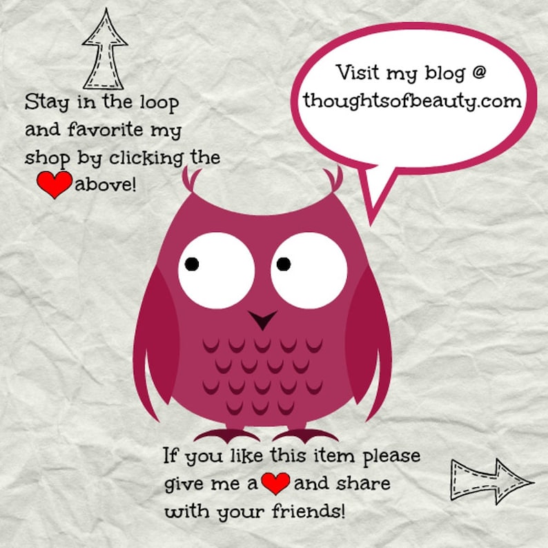 May include: A pink cartoon owl with big eyes and a heart on its chest. The owl is looking to the right and has a speech bubble that says "Visit my blog @ thoughtsofbeauty.com". The text below the owl says "If you like this item please give me a heart and share with your friends!"