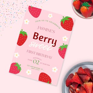 Berry Sweet Birthday Invitation, Girls Birthday, Editable Template, Email Invite, Instant Download, Strawberry Daisy Theme