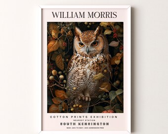 Stampa di William Morris, motivo gufo, poster verticale con cornice o senza cornice