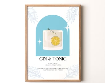 Cocktail Print, Gin & Tonic  Framed or Unframed Vertical Poster