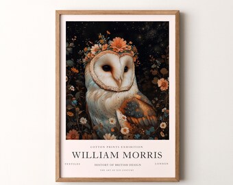 Stampa di William Morris, motivo gufo, poster verticale con cornice o senza cornice