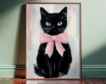 Black Cat Print – Elegant Kitty with Pink Bow, Framed or Unframed Vertical Poster