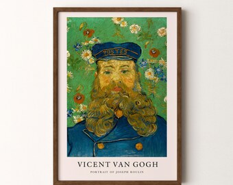 May include: A painting by Vincent van Gogh titled "Portrait of Joseph Roulin" depicting a man with a beard wearing a blue uniform and a cap with the word "POSTES" on it. The background is a green field with flowers.