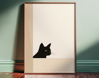 Black Cat Curiosity – Minimalist Wall Art with Whimsical Charm, Framed or Unframed Vertical Poster