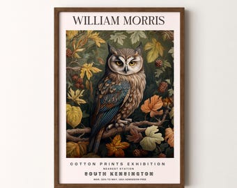 Stampa di William Morris, motivo gufo, poster verticale con cornice o senza cornice
