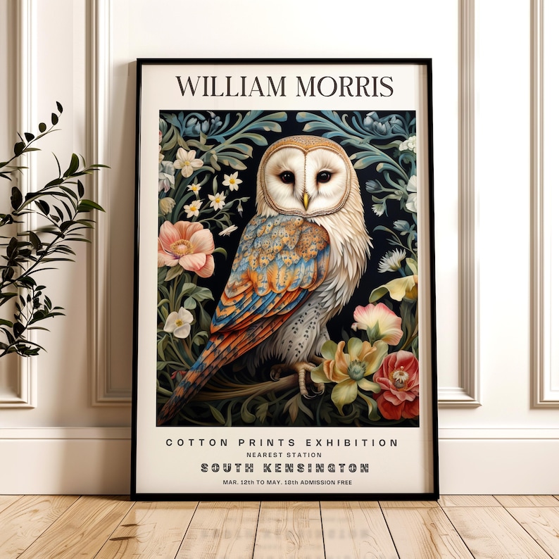 William Morris Print, Owl Pattern Framed or Unframed Vertical Poster image 1