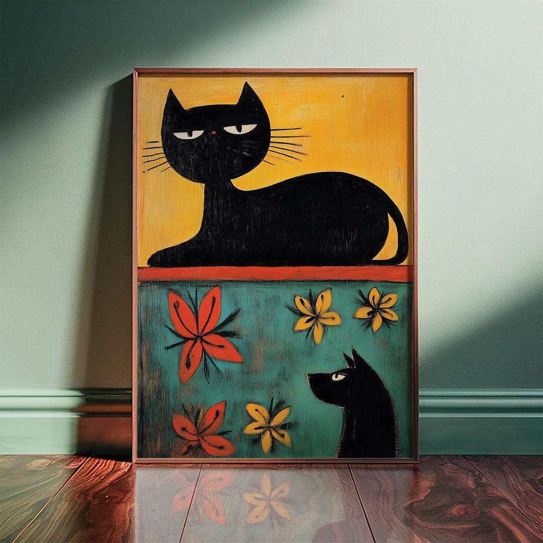 Vintage Black Cat Art Print: Retro Floral Mid-century Poster - Etsy