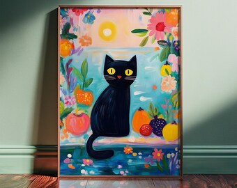 Black Cat Print – Floral Fruit Fantasy, Framed or Unframed Vertical Poster