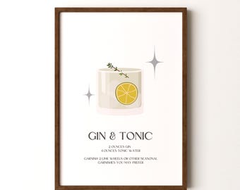 Cocktail Print, Gin & Tonic  Framed or Unframed Vertical Poster